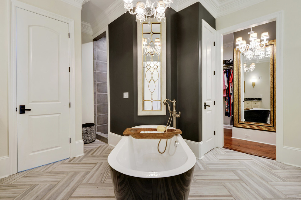Inspiration for a mid-sized transitional master gray tile and porcelain tile porcelain tile bathroom remodel in Other with raised-panel cabinets, beige cabinets, a two-piece toilet, black walls, an undermount sink and granite countertops