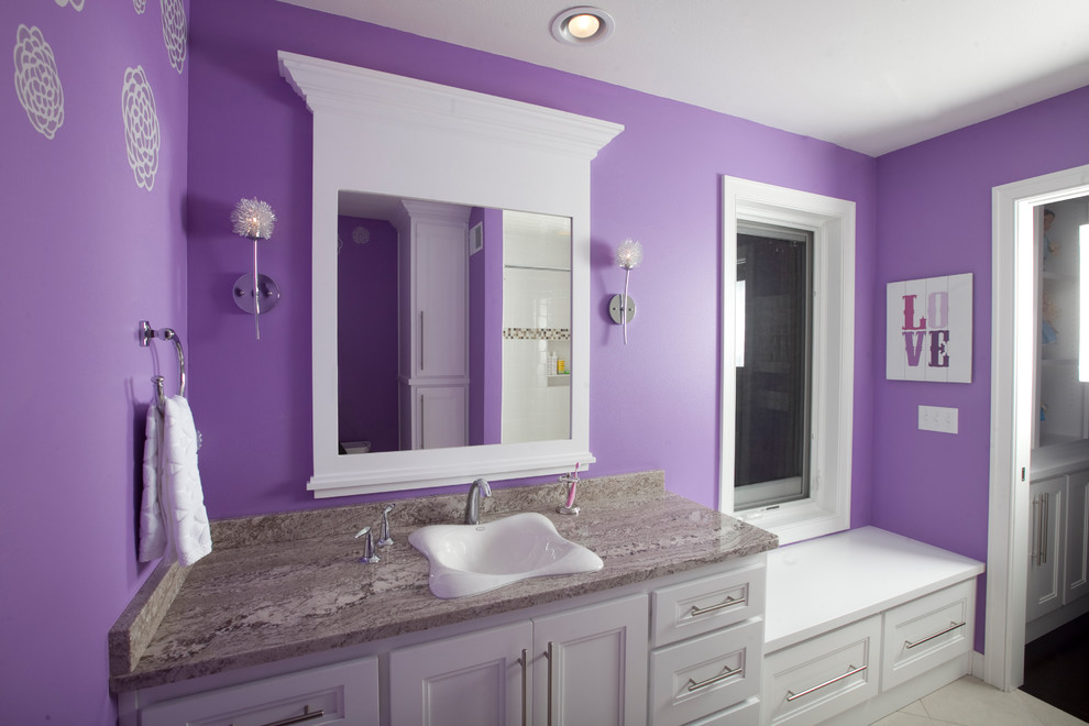 Minimalist kids' bathroom photo in Other with recessed-panel cabinets, white cabinets, purple walls, a drop-in sink and granite countertops