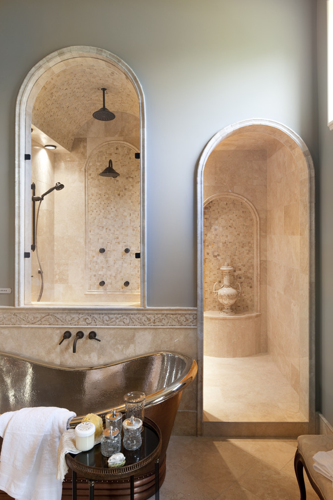 Freestanding bathtub - traditional mosaic tile freestanding bathtub idea in Indianapolis
