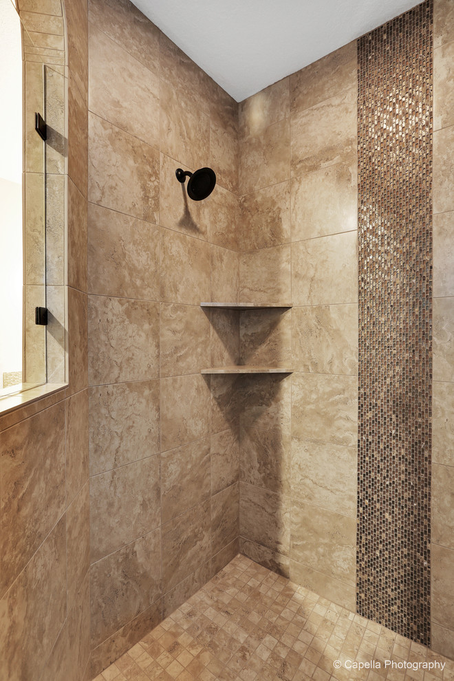 Example of a large classic master beige tile and ceramic tile ceramic tile doorless shower design in Portland with beige walls and tile countertops