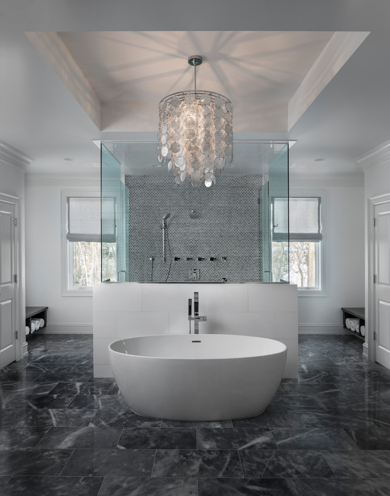Design ideas for a large classic ensuite bathroom in Detroit with a freestanding bath, a double shower, a built-in sink, recessed-panel cabinets, dark wood cabinets, black and white tiles, grey tiles, white walls, marble flooring, quartz worktops and a hinged door.