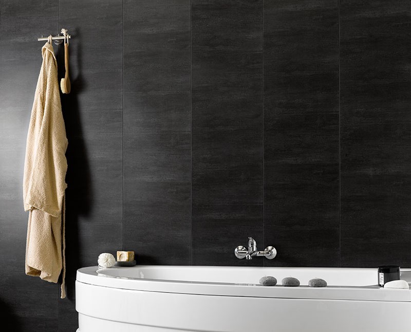 Photo of a medium sized contemporary bathroom in Cheshire with black tiles and black walls.
