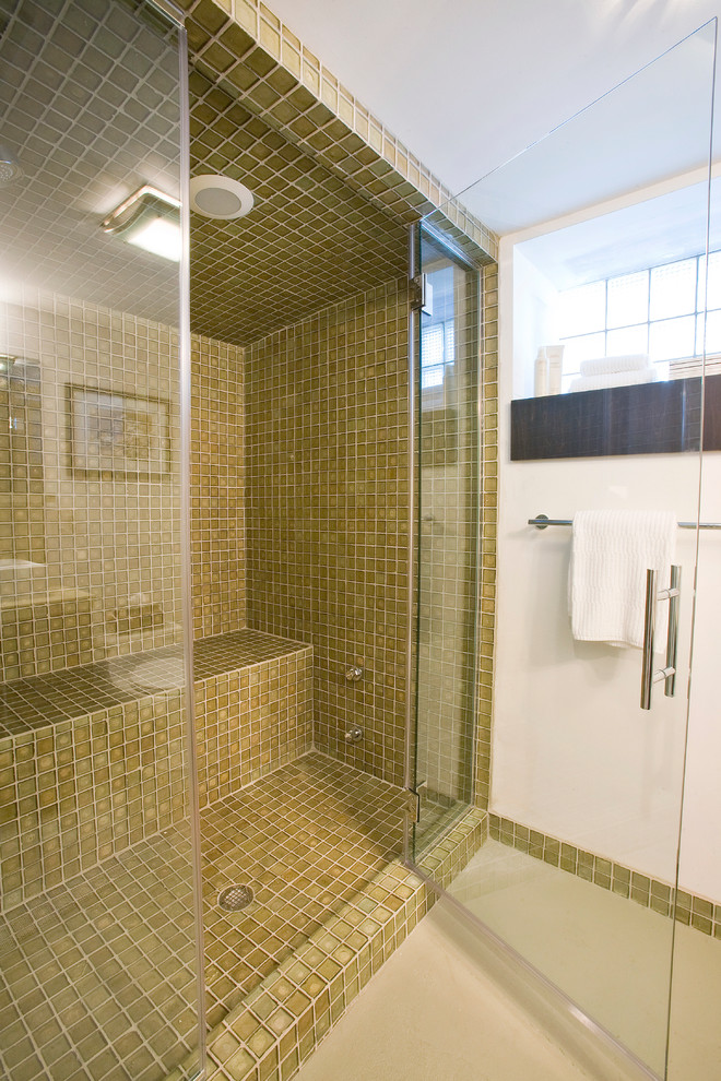 Design ideas for a contemporary bathroom in Cincinnati with an alcove shower and green tiles.