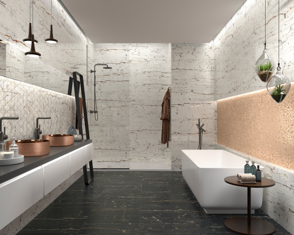 Inspiration för ett funkis grå grått en-suite badrum, med vita skåp, ett fristående badkar, en dusch/badkar-kombination, vit kakel, porslinskakel, flerfärgade väggar, klinkergolv i porslin, ett fristående handfat, bänkskiva i kvarts, flerfärgat golv och dusch med skjutdörr