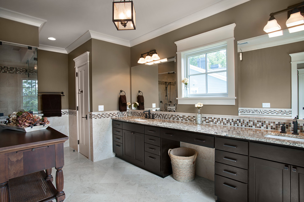 Inspiration for a transitional bathroom remodel in Charleston with an undermount sink and brown walls