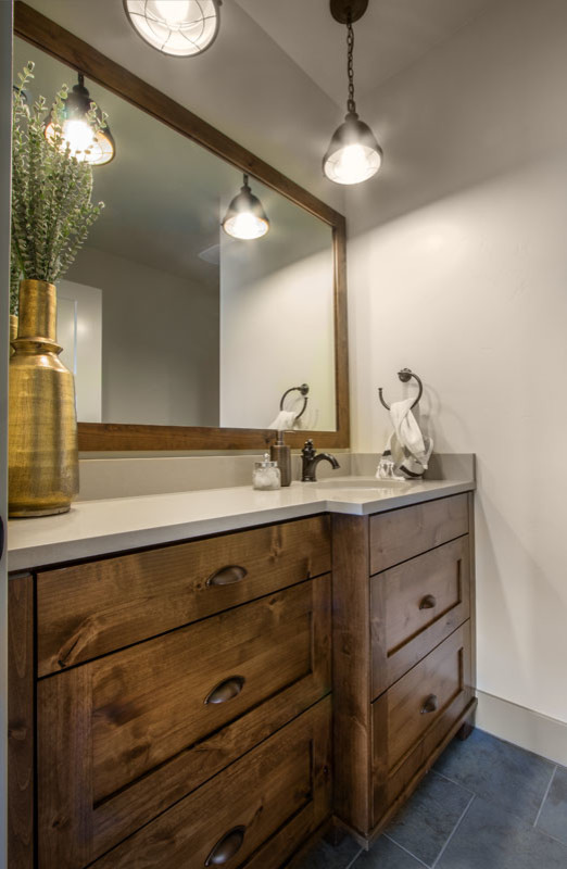 Large rustic shower room bathroom in Salt Lake City with beige walls, slate flooring, shaker cabinets, medium wood cabinets and a submerged sink.