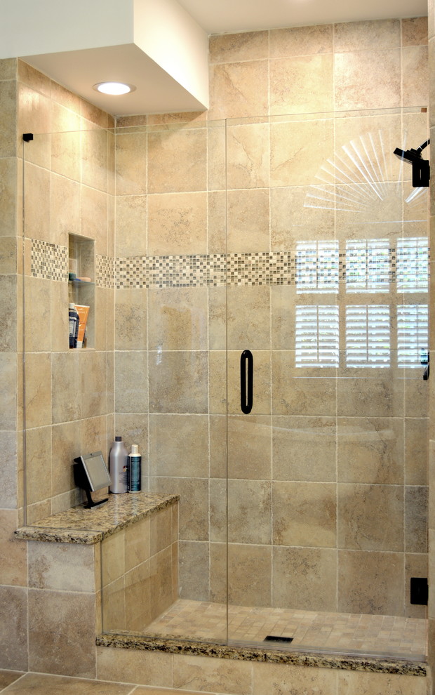 Large transitional master beige tile and porcelain tile porcelain tile bathroom photo in Atlanta with an undermount sink, recessed-panel cabinets, white cabinets, granite countertops, a one-piece toilet and beige walls
