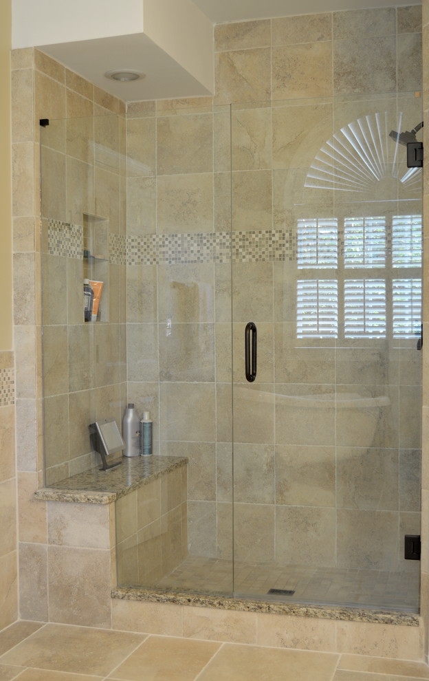 Example of a large transitional master beige tile and porcelain tile porcelain tile bathroom design in Atlanta with an undermount sink, recessed-panel cabinets, white cabinets, granite countertops, a one-piece toilet and beige walls