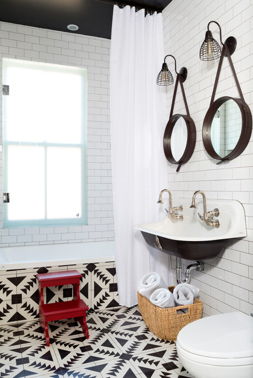 Transitional Elegance: Black and White Floor Tiles with Red Accents