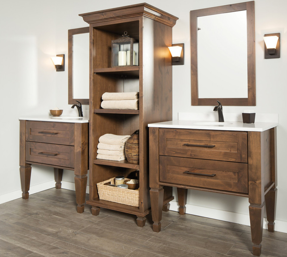 This is an example of a large traditional ensuite bathroom in Other with freestanding cabinets, dark wood cabinets, white walls, dark hardwood flooring, an integrated sink, engineered stone worktops and brown floors.