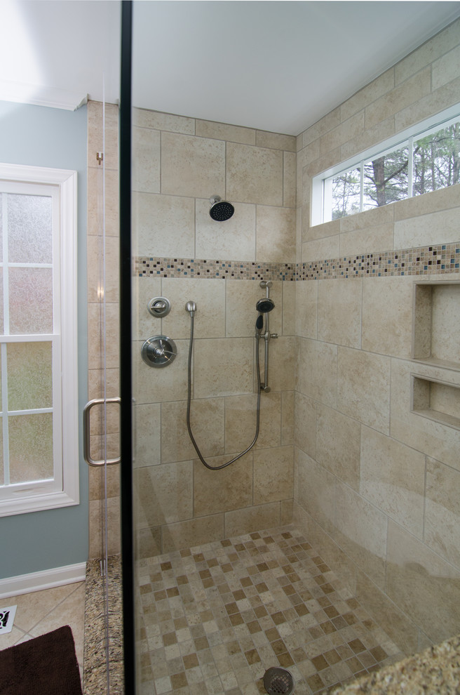 Inspiration for a contemporary bathroom in Raleigh with an alcove shower, beige tiles and porcelain tiles.