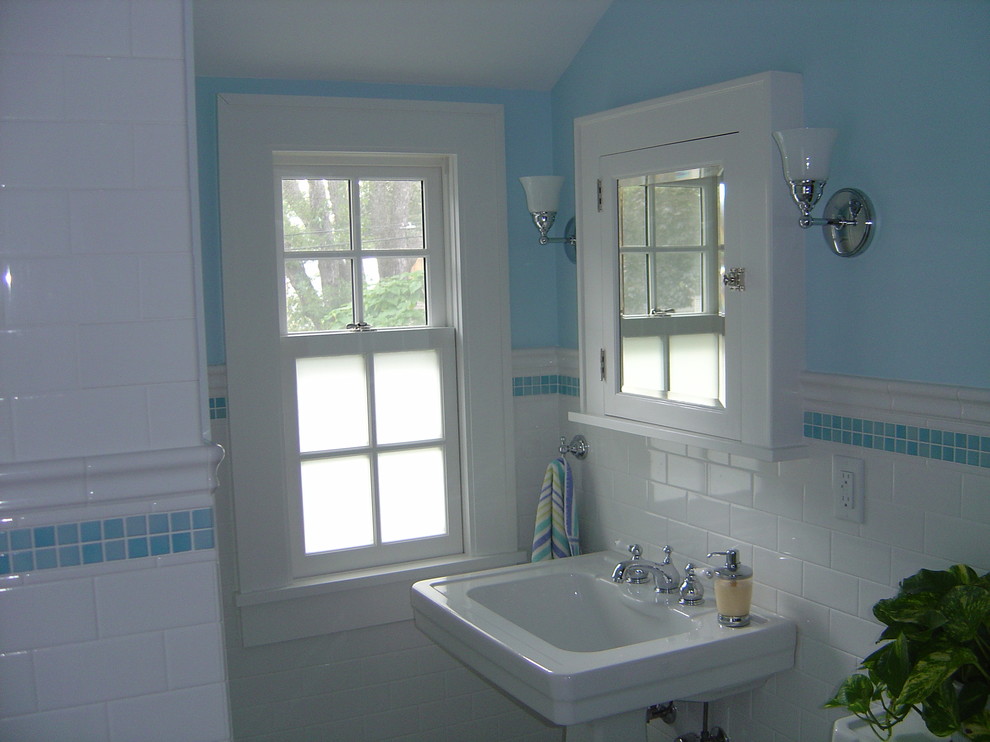 Example of a small classic white tile and subway tile mosaic tile floor bathroom design in Minneapolis with a one-piece toilet, white walls and a pedestal sink