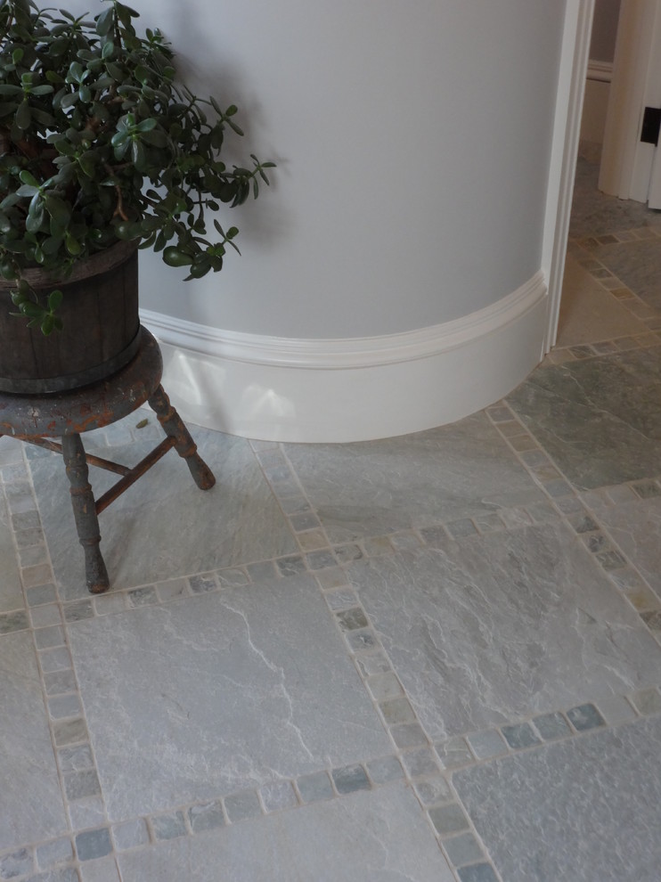 Bathroom - transitional master ceramic tile slate floor bathroom idea in Boston with quartz countertops