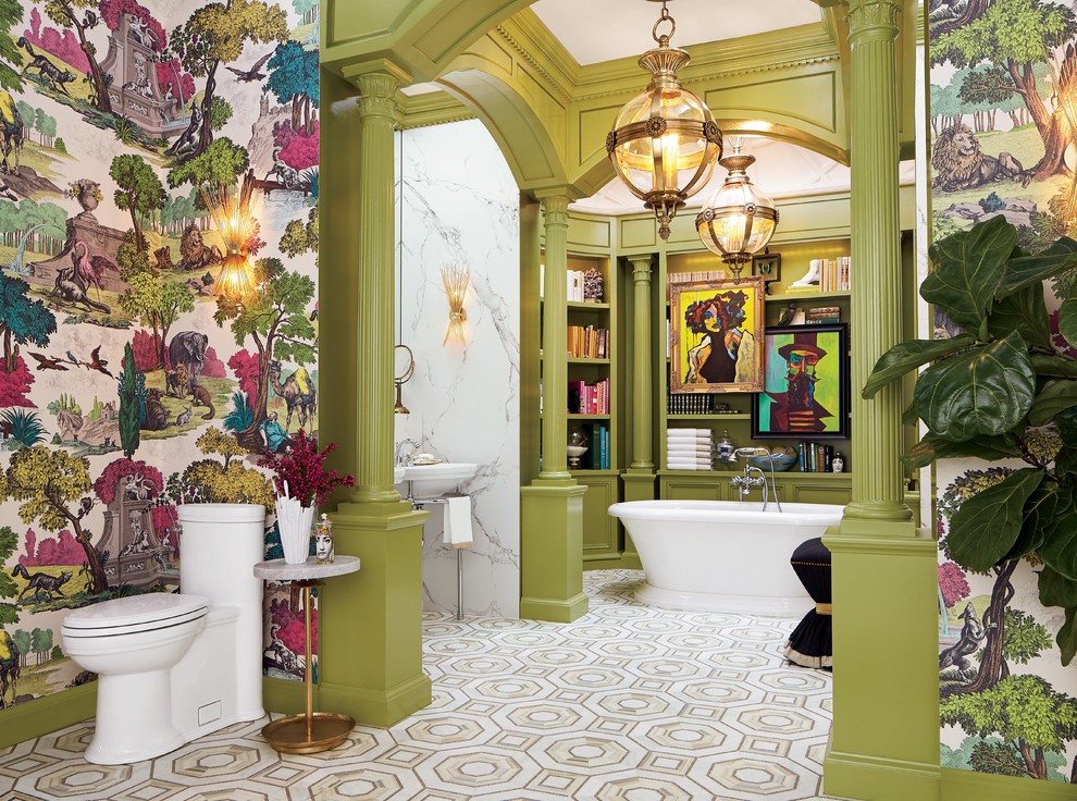 Inspiration for an eclectic master multicolored floor freestanding bathtub remodel in New York with open cabinets, gray cabinets, a one-piece toilet, multicolored walls and a pedestal sink