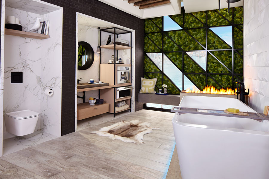 Inspiration för ett mycket stort funkis grå grått en-suite badrum, med släta luckor, skåp i slitet trä, ett fristående badkar, en öppen dusch, en vägghängd toalettstol, vit kakel, cementkakel, vita väggar, klinkergolv i porslin, ett fristående handfat, bänkskiva i betong, vitt golv och med dusch som är öppen