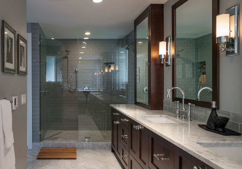Example of a transitional bathroom design in Seattle with shaker cabinets