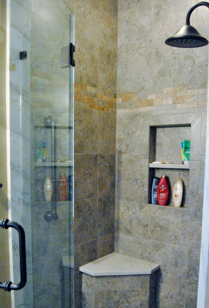 Example of a large classic master gray tile and porcelain tile porcelain tile bathroom design in Philadelphia with an undermount sink, furniture-like cabinets, dark wood cabinets, quartzite countertops, a one-piece toilet and beige walls