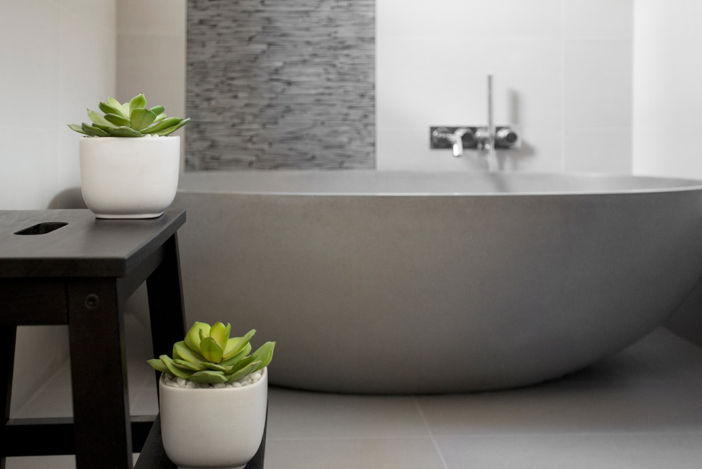 Freestanding bathtub - small contemporary master gray tile and ceramic tile ceramic tile freestanding bathtub idea in Melbourne