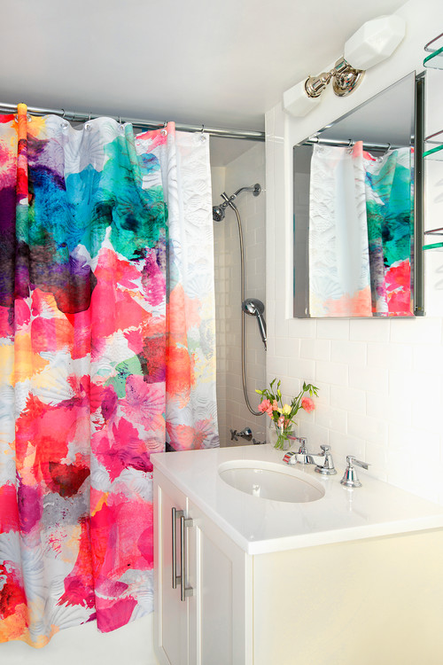 Modern Tranquility: Colorful Shower Curtain Ideas in a Neutral Bathroom Setting