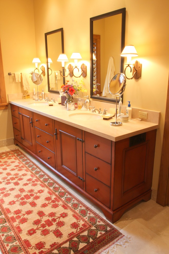 Mid-sized cottage master beige tile bathroom photo in Other with a wall-mount sink, furniture-like cabinets, red cabinets and granite countertops