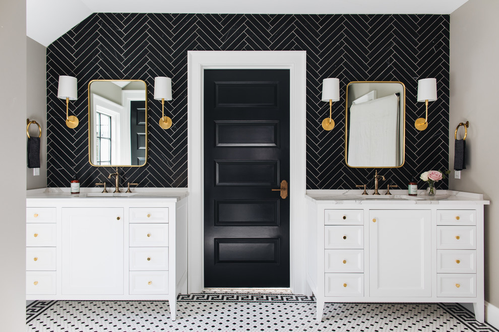 Inspiration for a transitional black tile mosaic tile floor and multicolored floor bathroom remodel in Grand Rapids with beaded inset cabinets, white cabinets, gray walls, an undermount sink and marble countertops