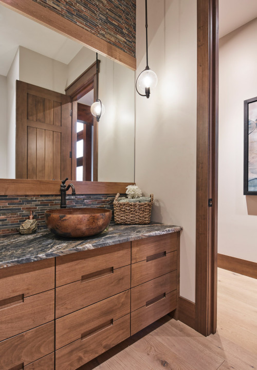 Wood Vanity with Granite Top and Slate Mosaic Tile Backsplash