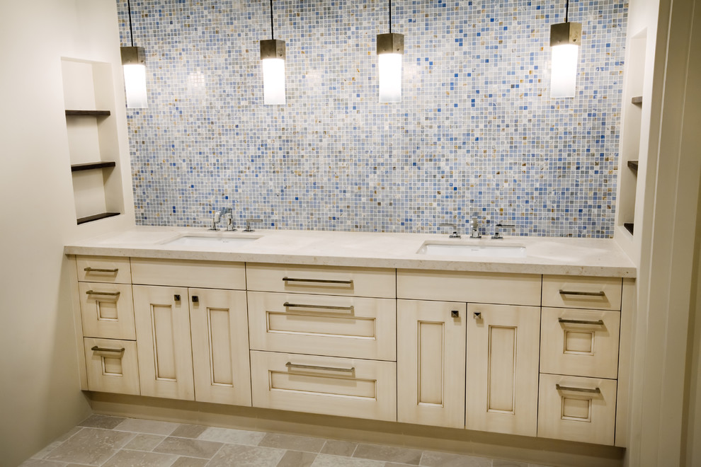 Inspiration for a contemporary bathroom in Santa Barbara with beige cabinets, blue tiles, a submerged sink, shaker cabinets, engineered stone worktops, mosaic tiles and ceramic flooring.