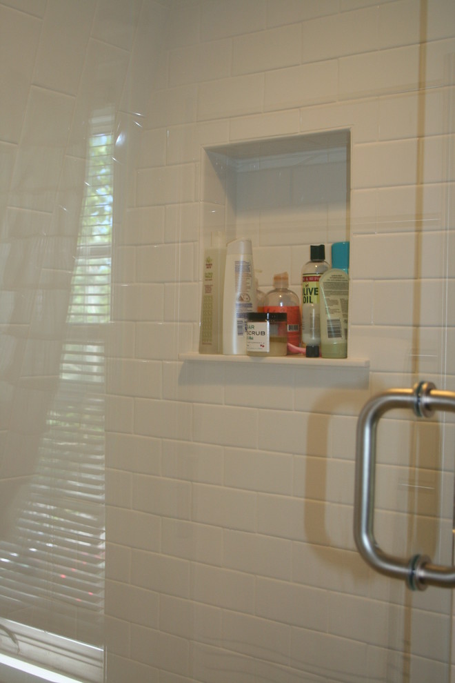 Example of a mid-sized classic master white tile and subway tile ceramic tile bathroom design in Providence with open cabinets, white cabinets, a one-piece toilet, a pedestal sink and gray walls