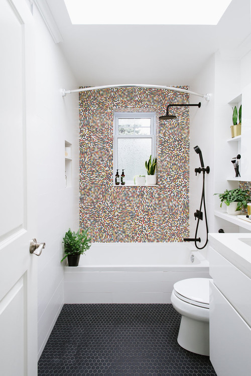 Airy Contemporary White Bathroom with Colorful Mosaic Tiles