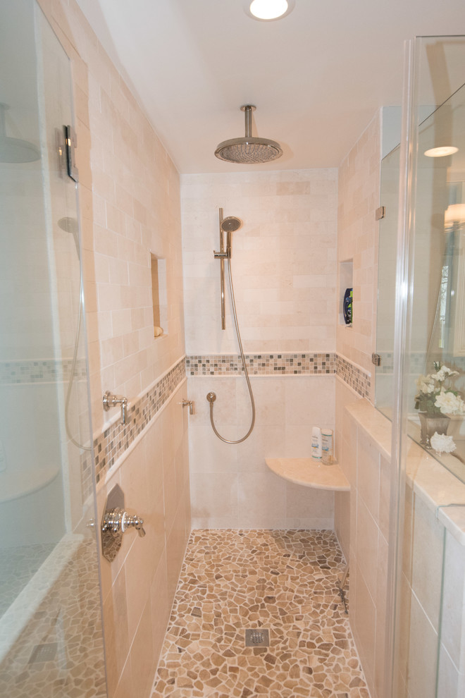 Design ideas for a classic ensuite bathroom in Baltimore with a submerged sink, flat-panel cabinets, white cabinets, marble worktops, a claw-foot bath, a double shower, a two-piece toilet, beige tiles, mosaic tiles, blue walls and pebble tile flooring.