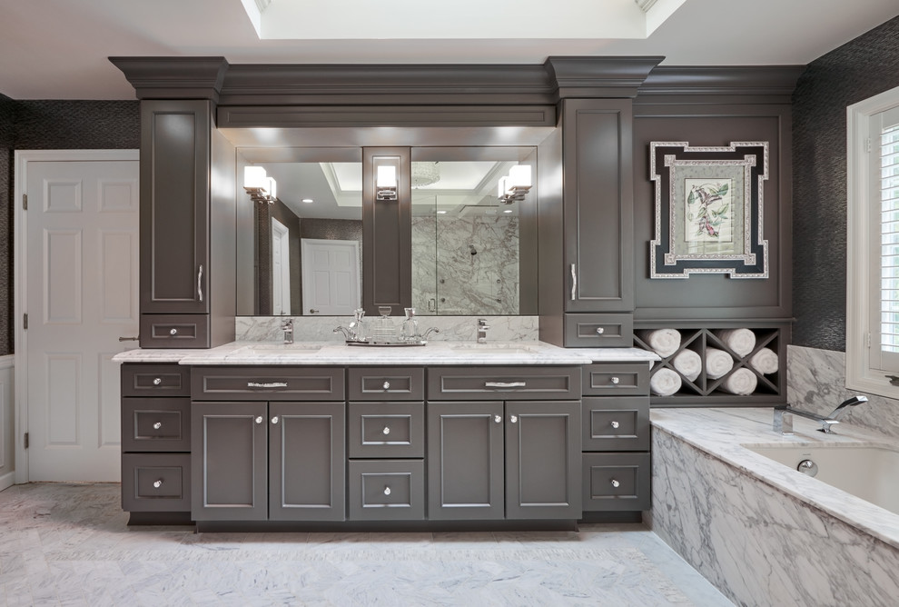 Inspiration for a mid-sized contemporary master marble floor bathroom remodel in Seattle with shaker cabinets, brown cabinets, an undermount sink, granite countertops and gray countertops