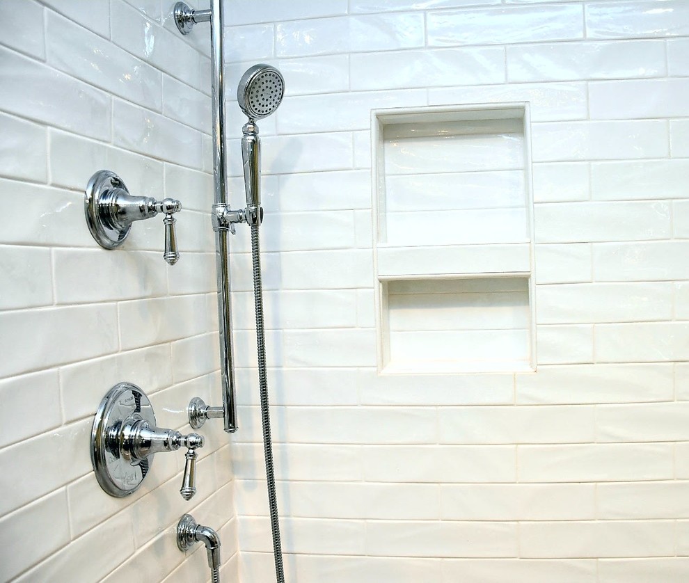 Inspiration for a mid-sized transitional master white tile and subway tile ceramic tile and green floor alcove shower remodel in Other with raised-panel cabinets, gray cabinets, a two-piece toilet, white walls, an undermount sink, quartzite countertops and a hinged shower door