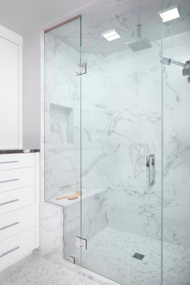 Large danish master gray tile and marble tile multicolored floor alcove shower photo in Calgary with flat-panel cabinets, white cabinets, an undermount sink, marble countertops and a hinged shower door
