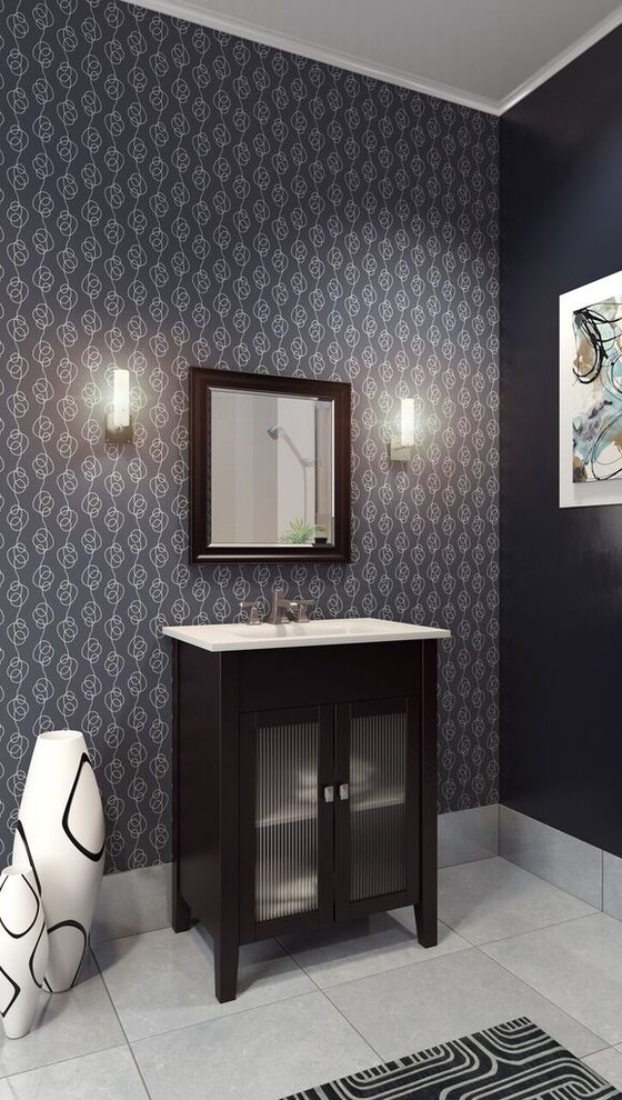 Inredning av ett modernt litet en-suite badrum, med luckor med glaspanel, svarta skåp, grå kakel och flerfärgade väggar