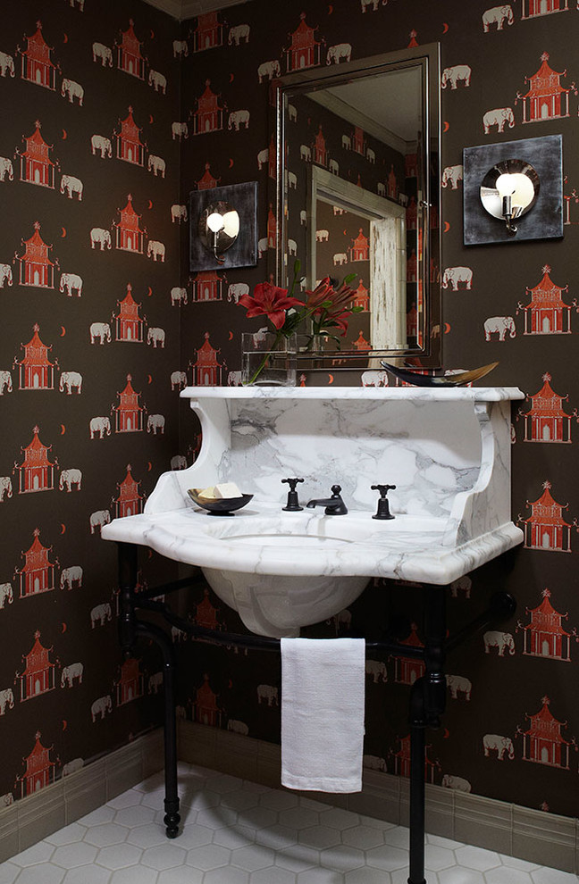 This is an example of an eclectic bathroom in Milwaukee with a submerged sink.