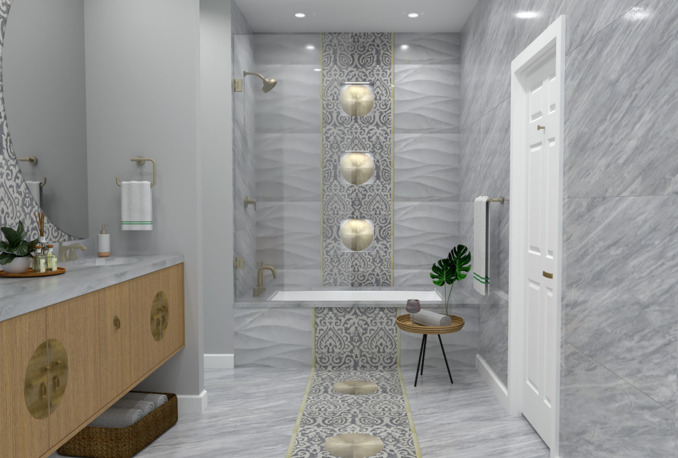 Exemple d'une salle de bain principale chic en bois brun de taille moyenne avec un placard à porte plane, une baignoire encastrée, un combiné douche/baignoire, un carrelage gris, du carrelage en marbre, un mur gris, un sol en marbre, un lavabo encastré, un plan de toilette en quartz, un sol gris, une cabine de douche à porte battante et un plan de toilette gris.