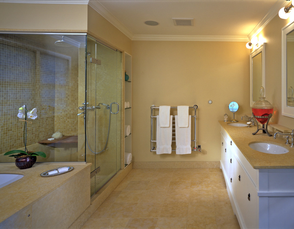 Large eclectic ensuite bathroom in Minneapolis with a submerged sink, shaker cabinets, white cabinets, engineered stone worktops, a submerged bath, a corner shower, beige tiles, ceramic tiles, beige walls and ceramic flooring.