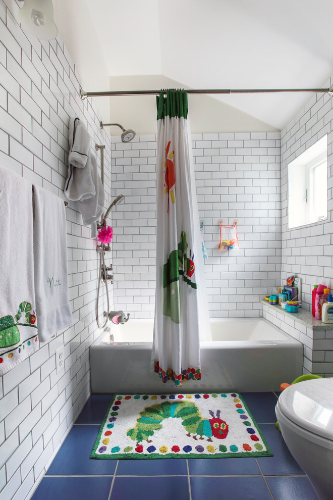 Inspiration for a mid-sized timeless kids' white tile and subway tile porcelain tile and blue floor bathroom remodel in DC Metro