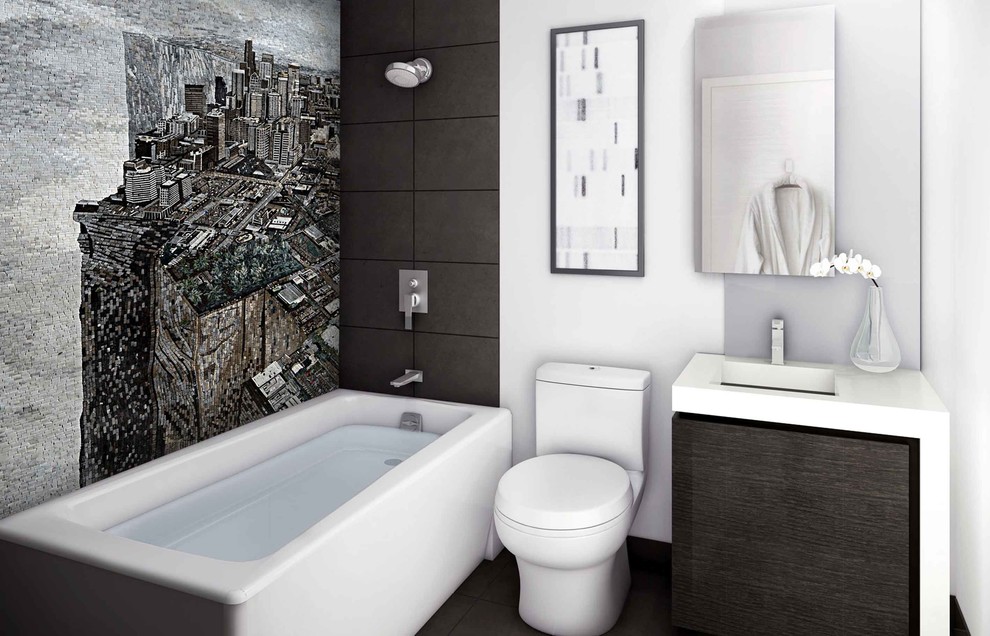 Foto de cuarto de baño contemporáneo con baldosas y/o azulejos negros, baldosas y/o azulejos en mosaico y paredes grises