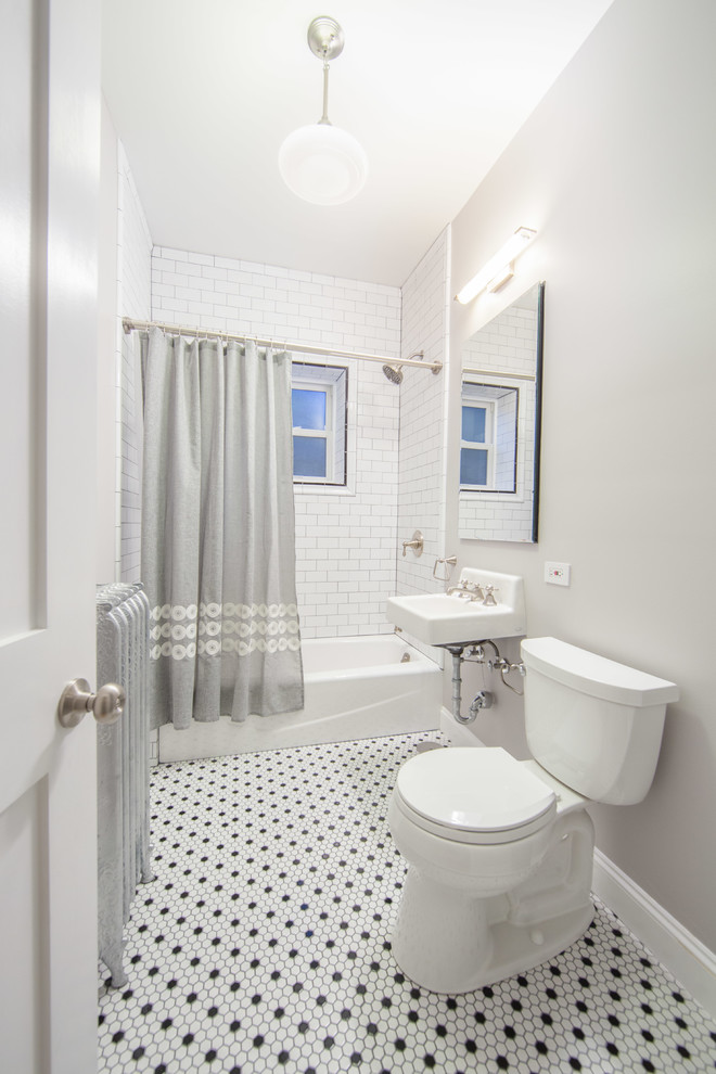 Example of a small classic master white tile and subway tile mosaic tile floor bathroom design in Chicago with shaker cabinets, brown cabinets, a two-piece toilet, gray walls and a wall-mount sink