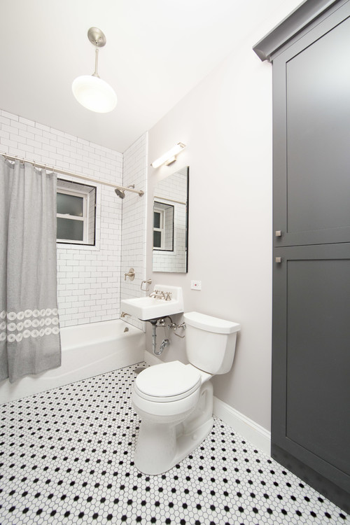 Vintage Ambiance: Traditional Octagon Floor Tiles in Your Gray White Bathroom