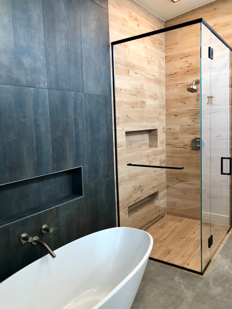 Inspiration for a large contemporary master white tile and ceramic tile ceramic tile and gray floor bathroom remodel in Denver with flat-panel cabinets, beige cabinets, a wall-mount toilet, white walls, an integrated sink, quartz countertops, a hinged shower door and white countertops