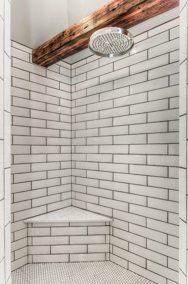 Example of a large transitional master white tile and subway tile mosaic tile floor doorless shower design in Omaha with open cabinets, medium tone wood cabinets, a one-piece toilet, gray walls, an undermount sink and marble countertops