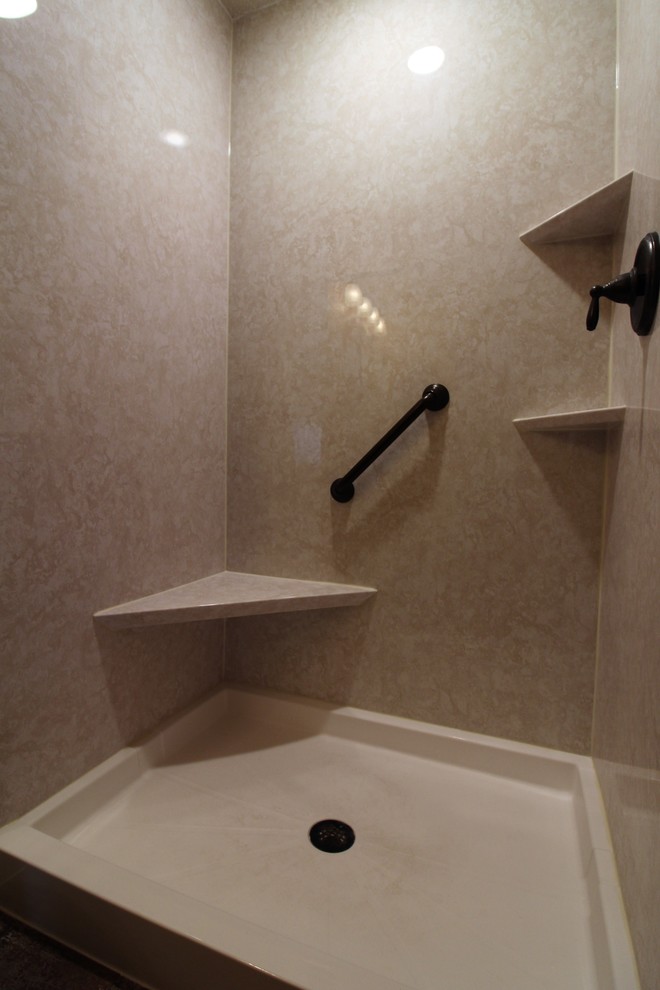 Design ideas for a medium sized classic shower room bathroom in Minneapolis with an alcove shower, vinyl flooring, grey floors and a shower curtain.