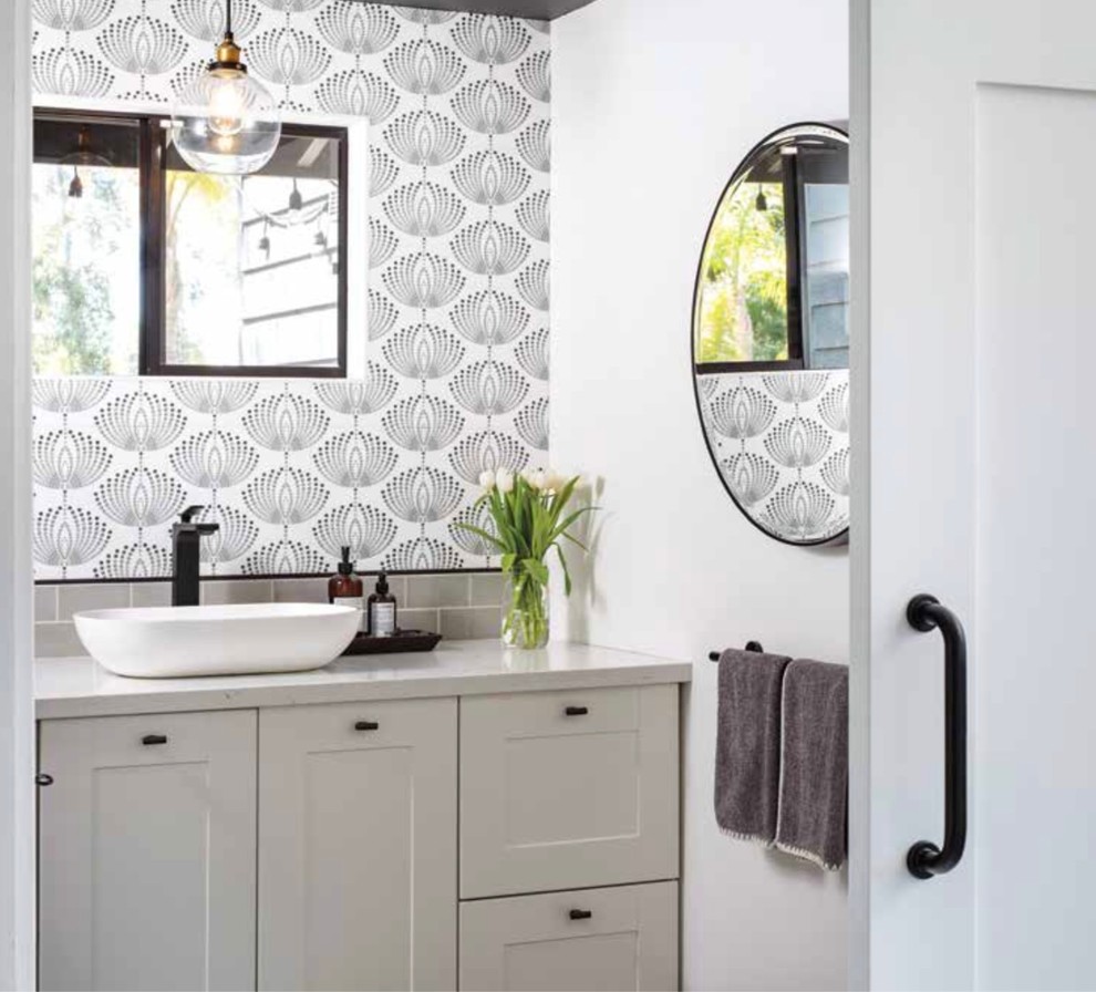 Design ideas for a small scandinavian bathroom in San Diego with shaker cabinets, white cabinets, black and white tiles, porcelain flooring, a vessel sink, engineered stone worktops and grey floors.