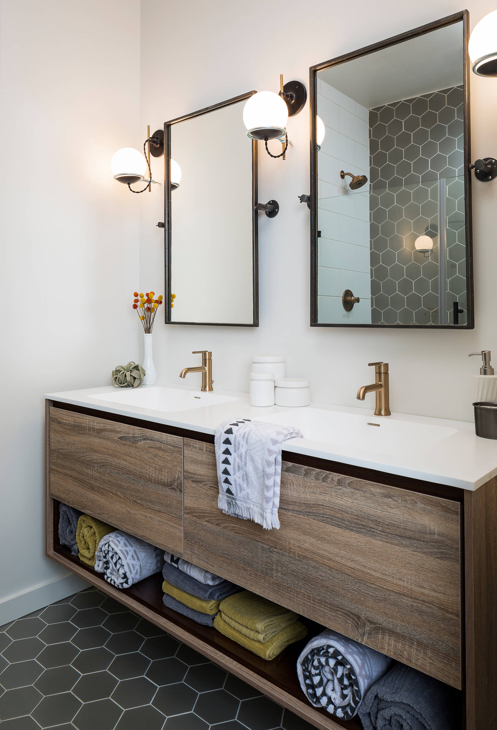 small bathroom dark cabinets