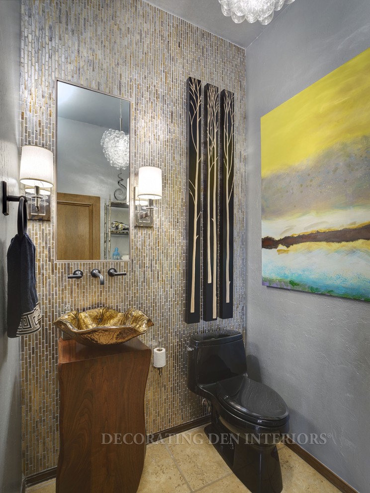 Medium sized contemporary cloakroom in Oklahoma City with a one-piece toilet, multi-coloured tiles, mosaic tiles, travertine flooring and a vessel sink.