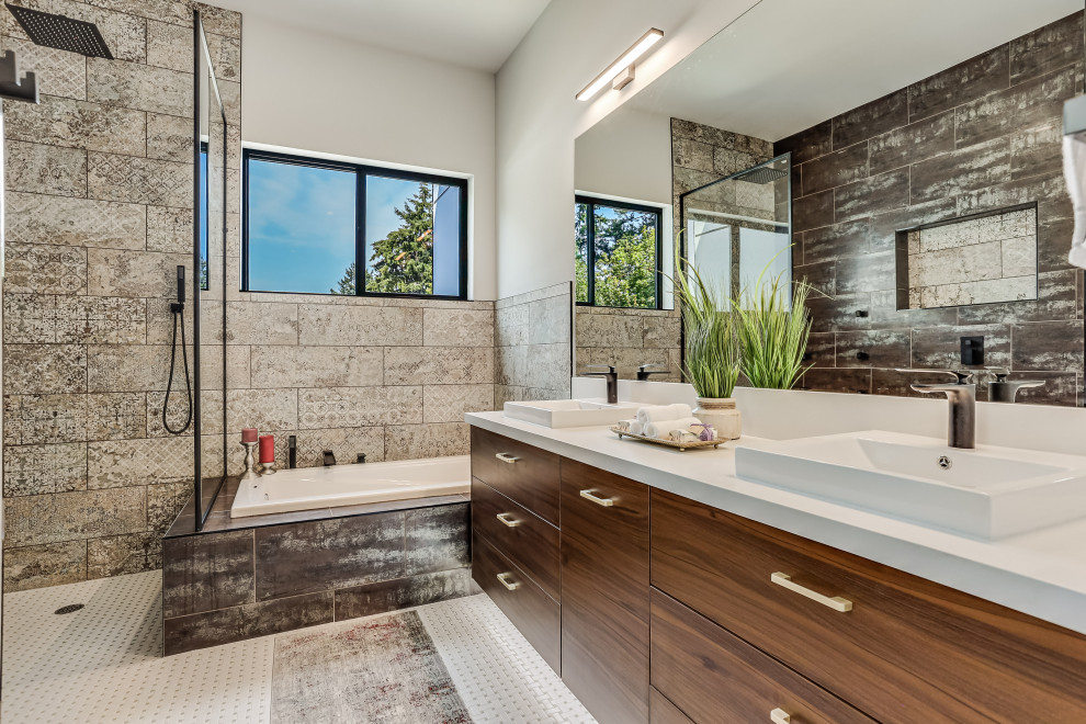 Trendy gray tile mosaic tile floor, white floor and double-sink bathroom photo in Seattle with flat-panel cabinets, medium tone wood cabinets, gray walls, a vessel sink, white countertops and a floating vanity