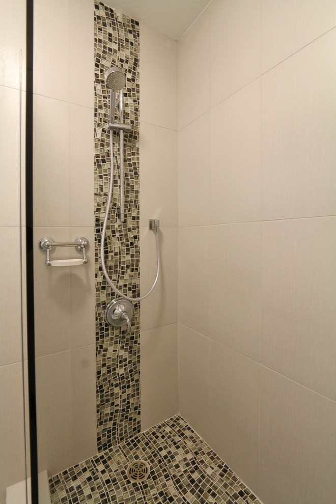 Mid-sized island style master mosaic tile floor alcove shower photo in Hawaii with a two-piece toilet and white walls