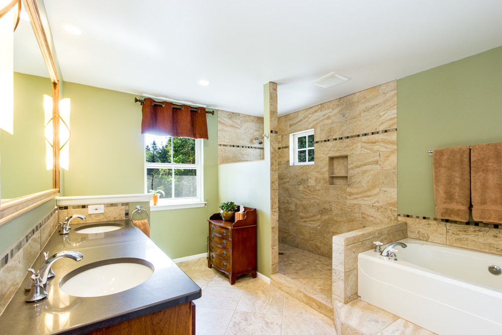 Large elegant master stone tile travertine floor bathroom photo in Seattle with an undermount sink, green walls and quartz countertops